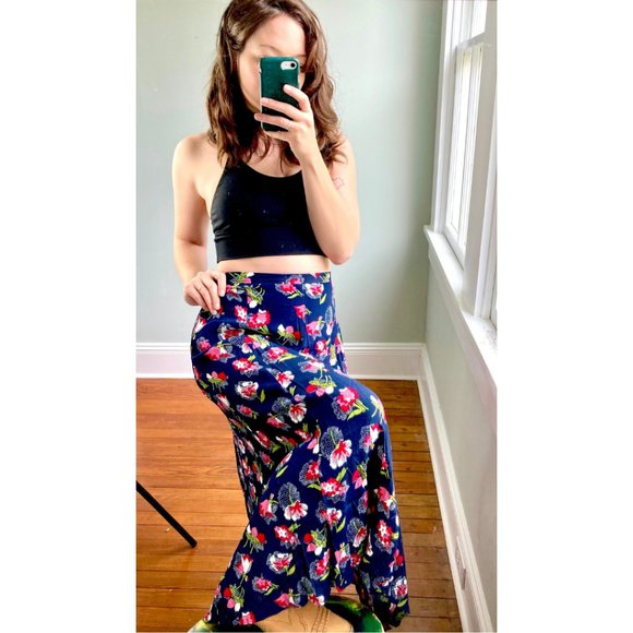 Vintage 90s Floral Navy Blue Hot Pink Cottagecore Grunge Flutter Maxi Skirt 12 - Picture 2 of 8